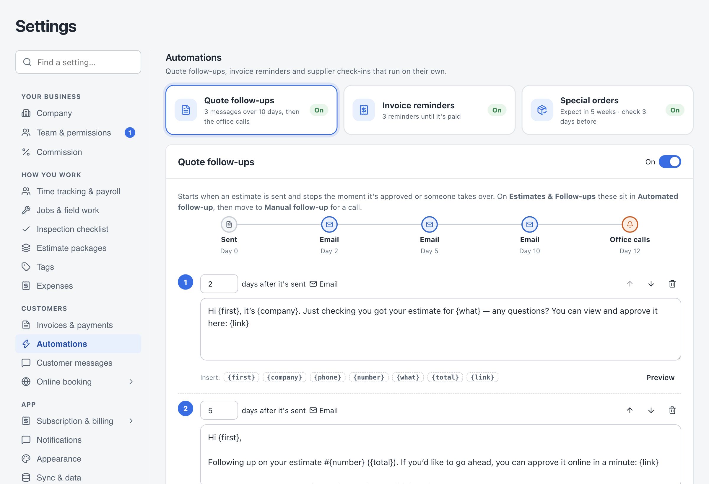 OperatorFlo automation settings showing estimate follow-up timing and an editable message template
