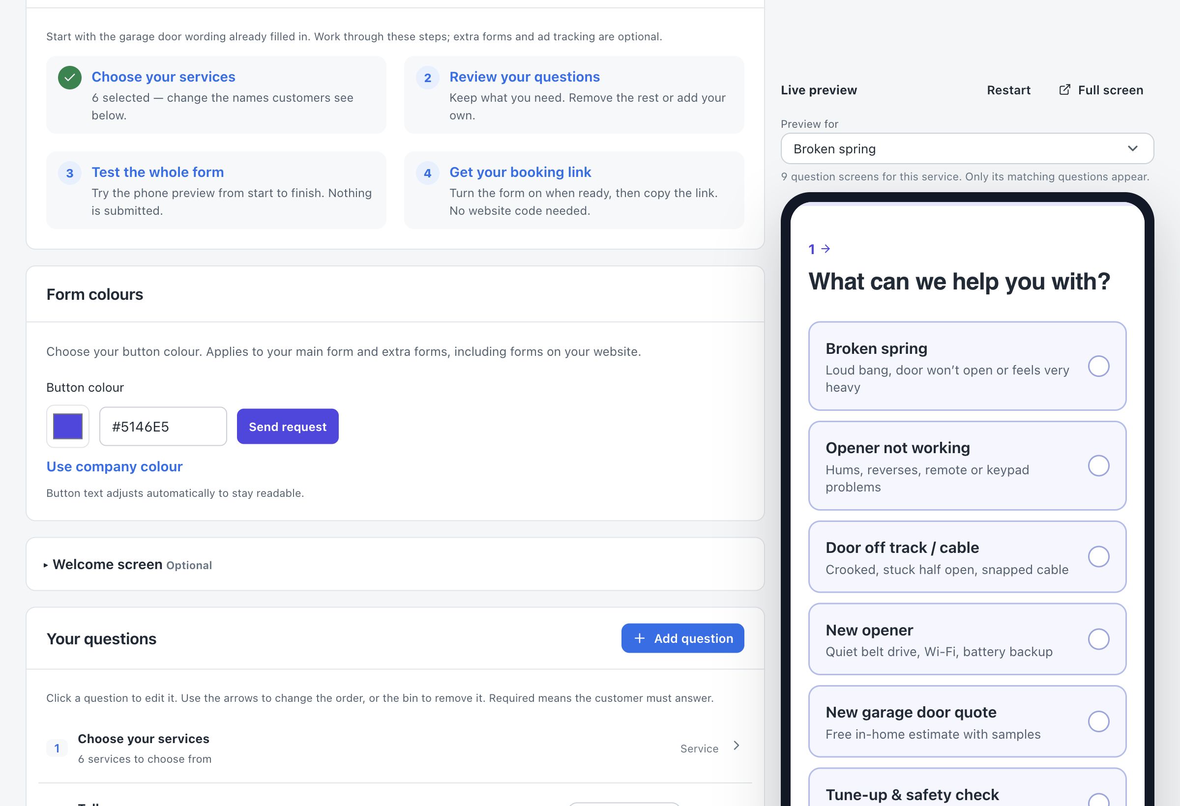 OperatorFlo booking form builder with questions, button colour and a live customer preview