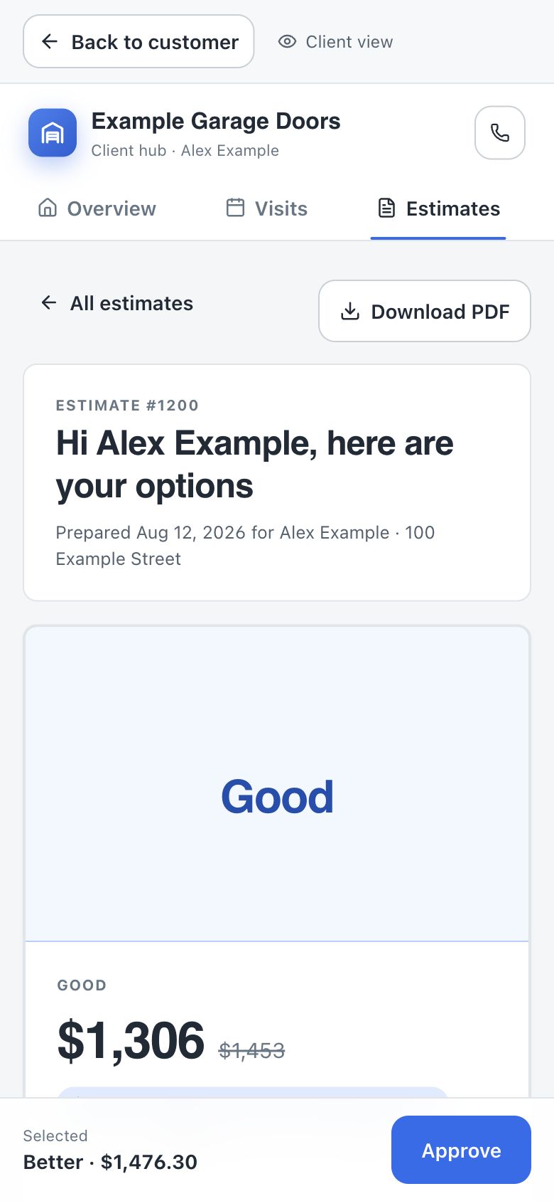 OperatorFlo client hub on a phone showing an estimate option with sample products and prices