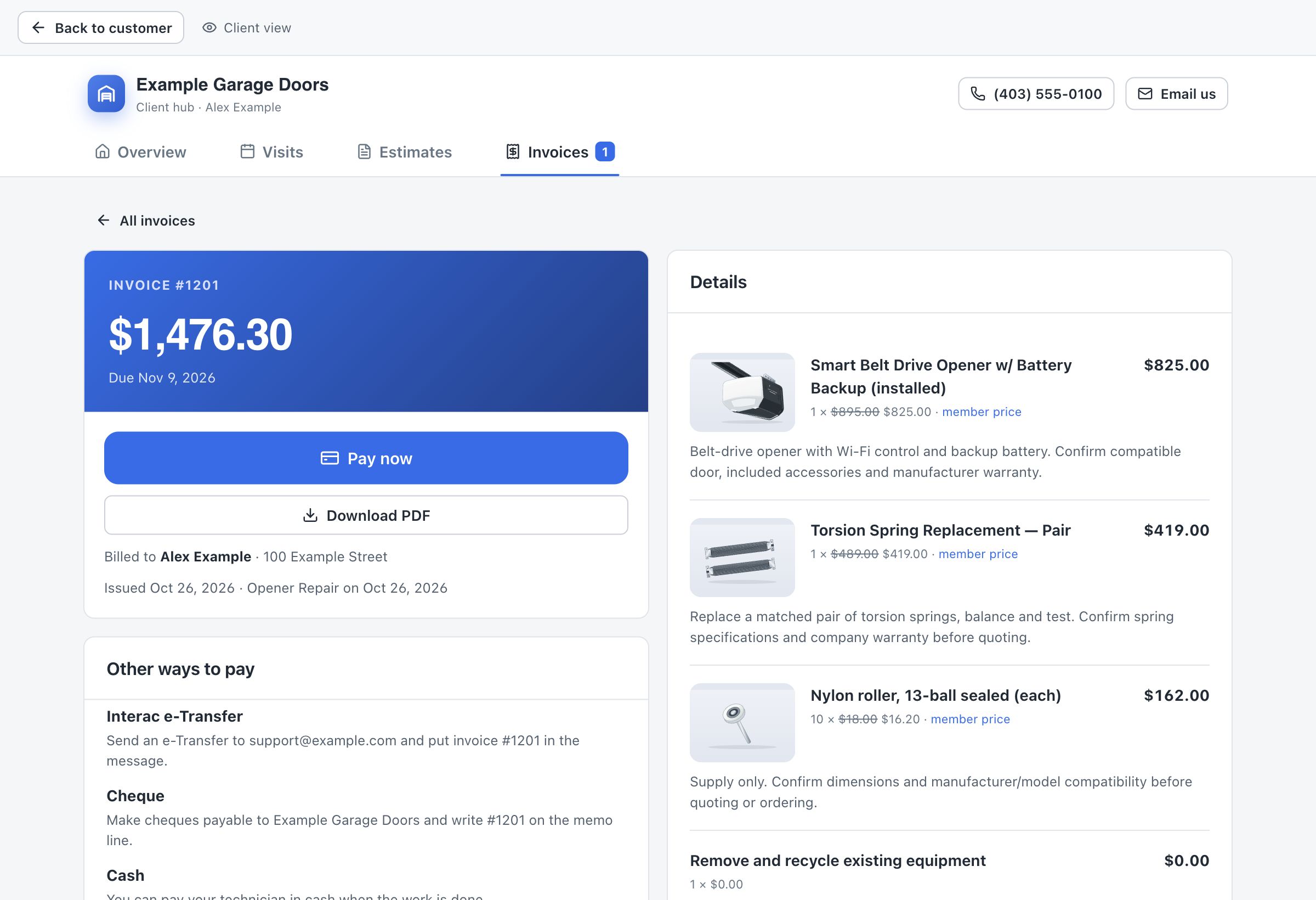 Sample OperatorFlo client hub invoice with line items, total and online payment button