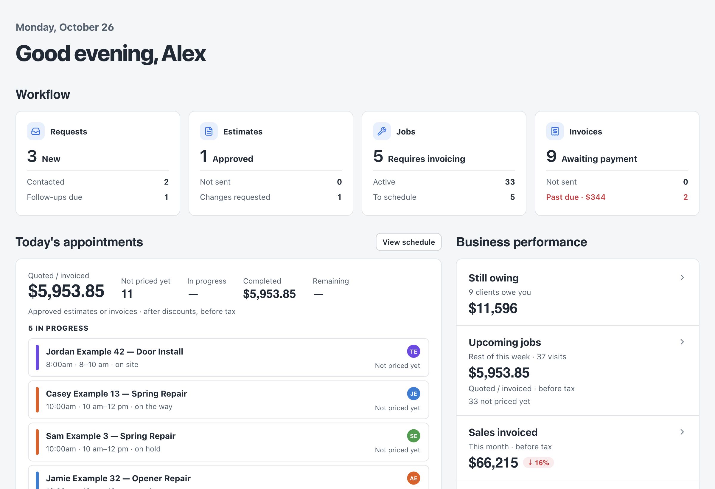OperatorFlo dashboard showing sample requests, estimates, jobs, invoices and appointments