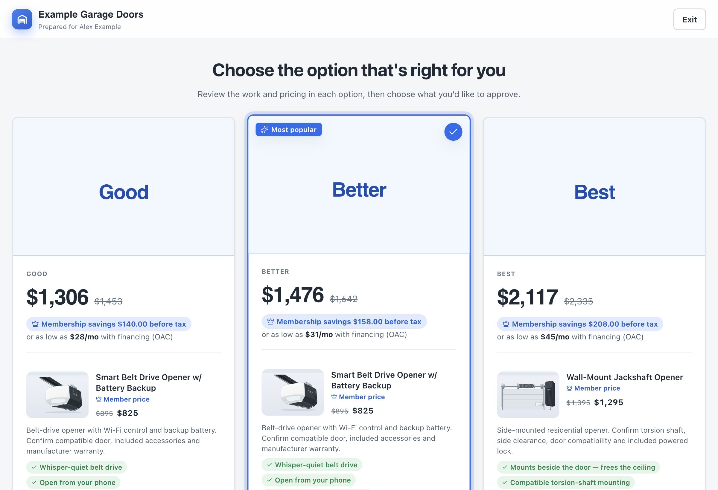 OperatorFlo Good, Better and Best options with product images and sample prices
