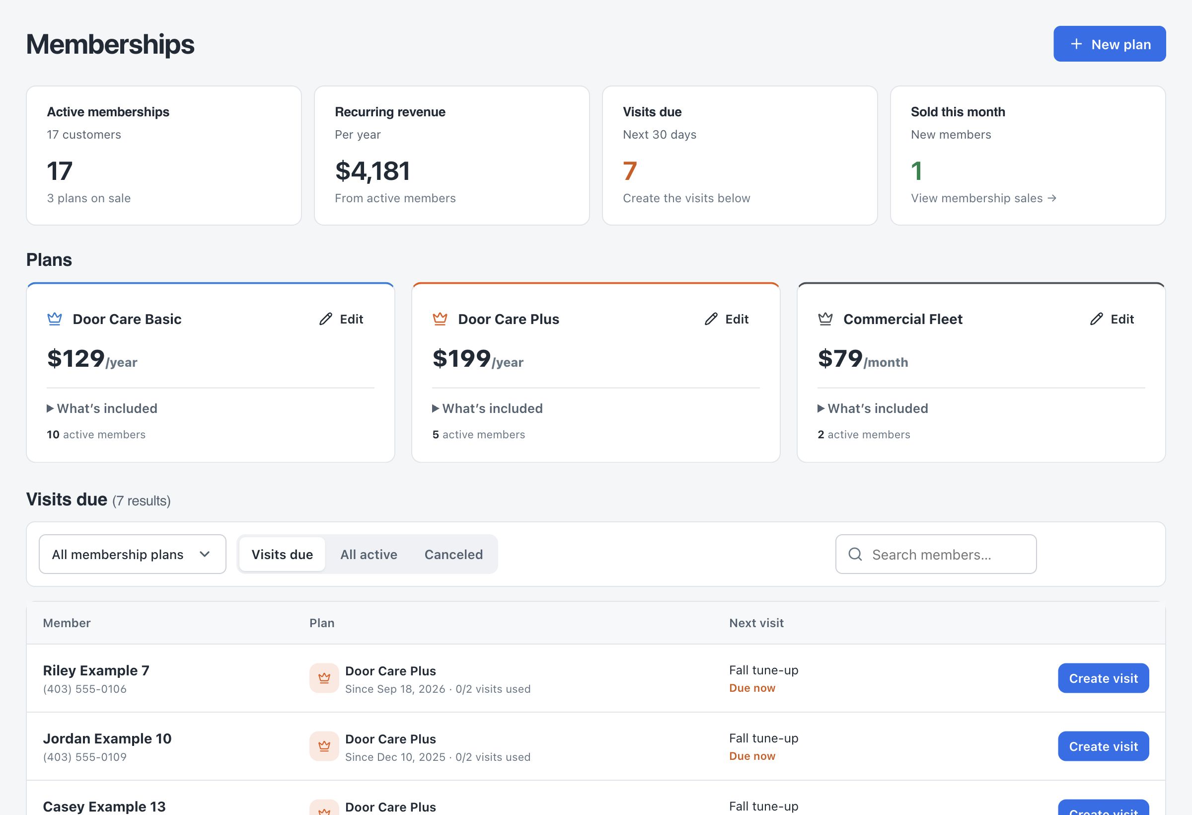 OperatorFlo Memberships showing sample service plans, active members and visits due