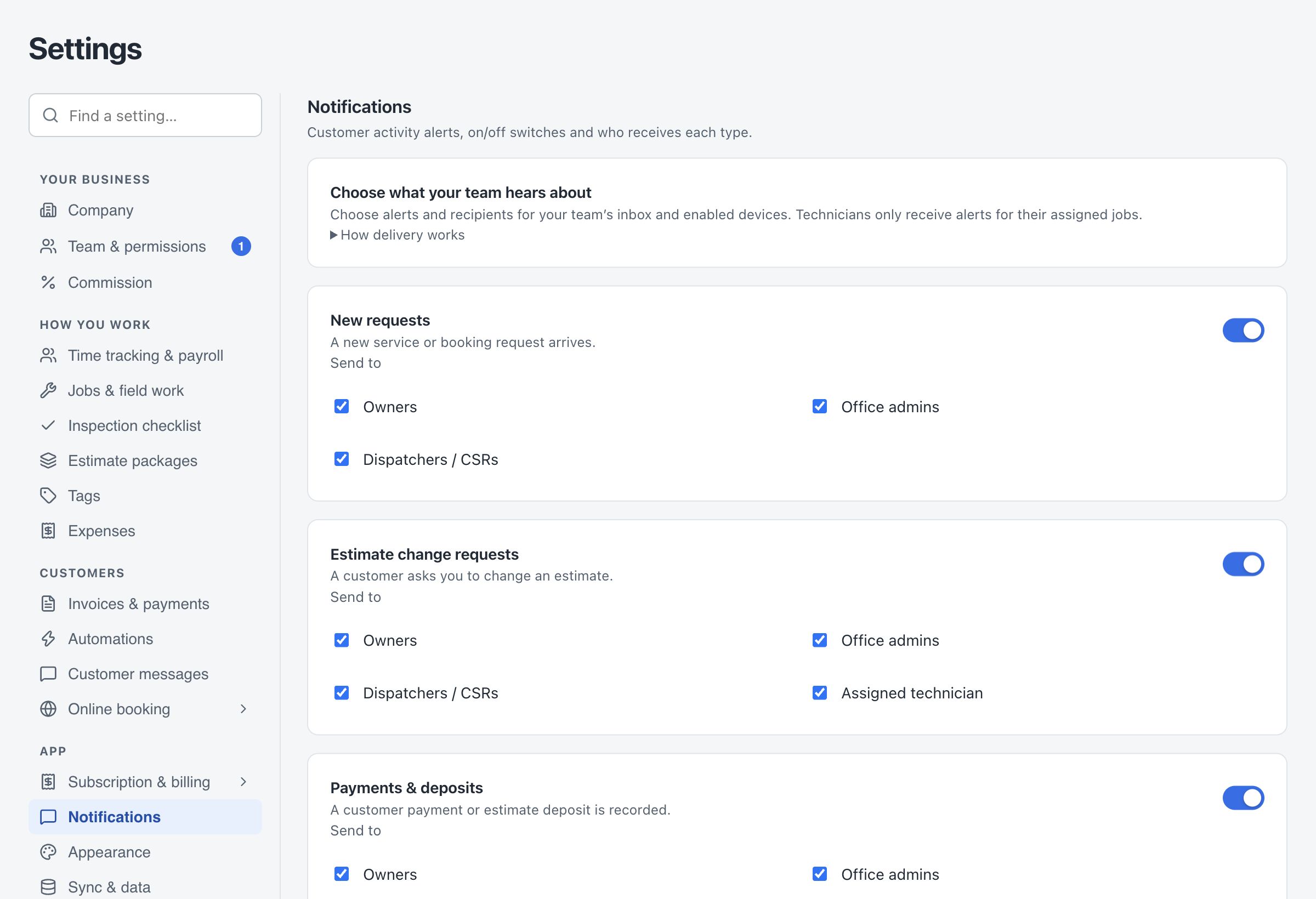 OperatorFlo notification settings with selectable customer events and team recipients