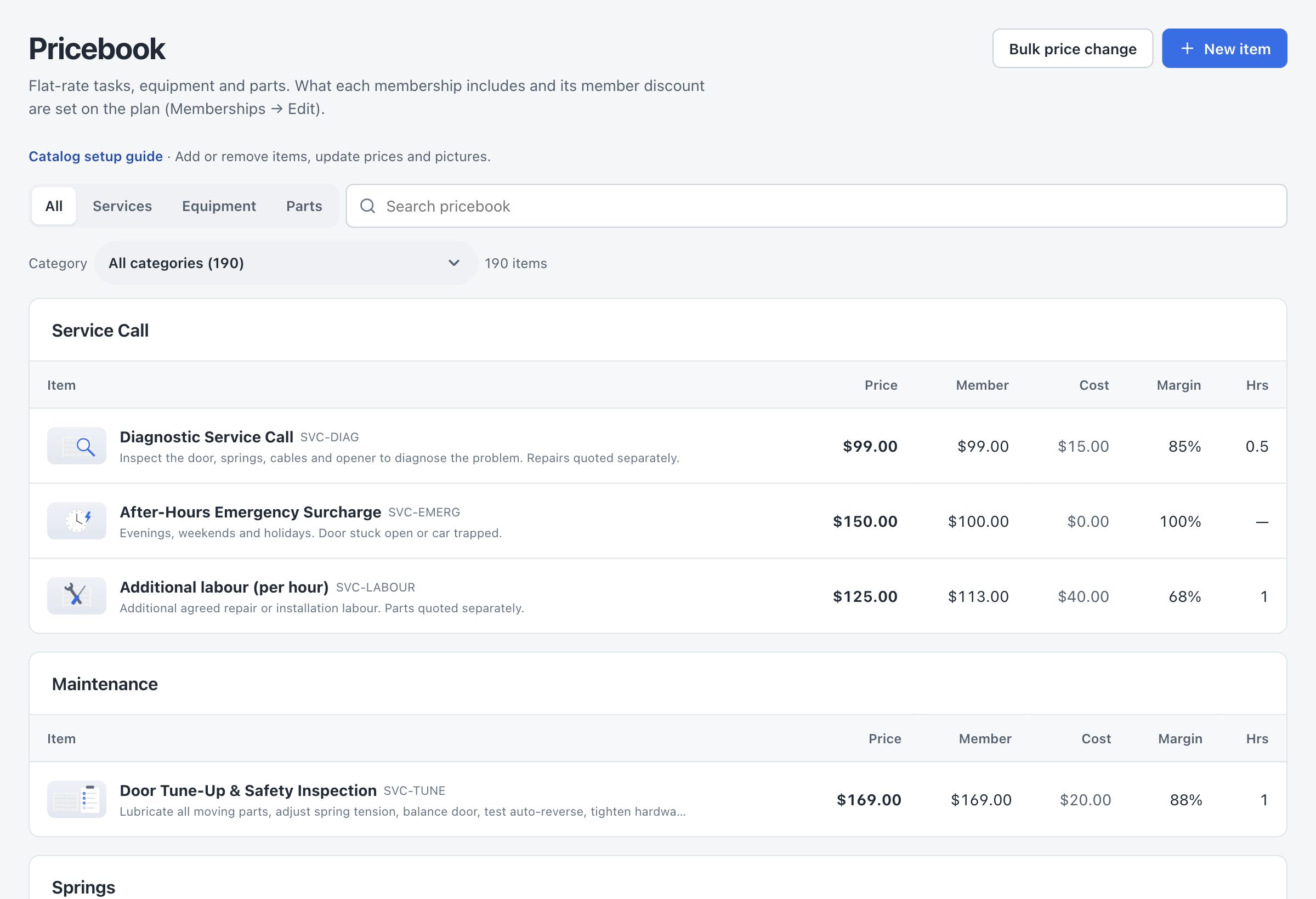 OperatorFlo Pricebook with flat-rate services, standard and member prices, costs and margin information