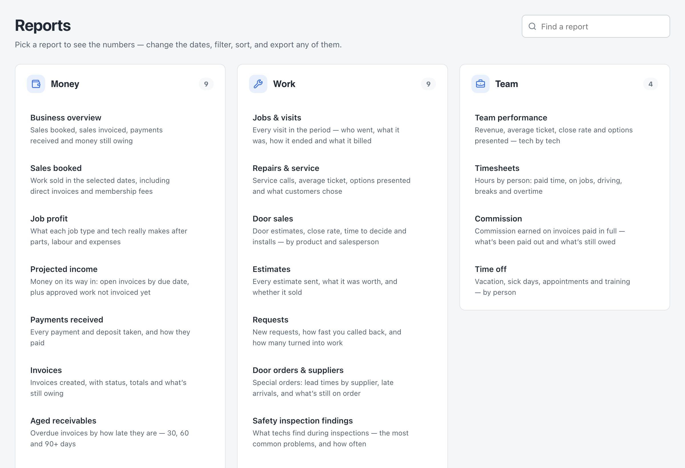OperatorFlo report library with Money, Work and Team reports including job profit, door sales and technician performance