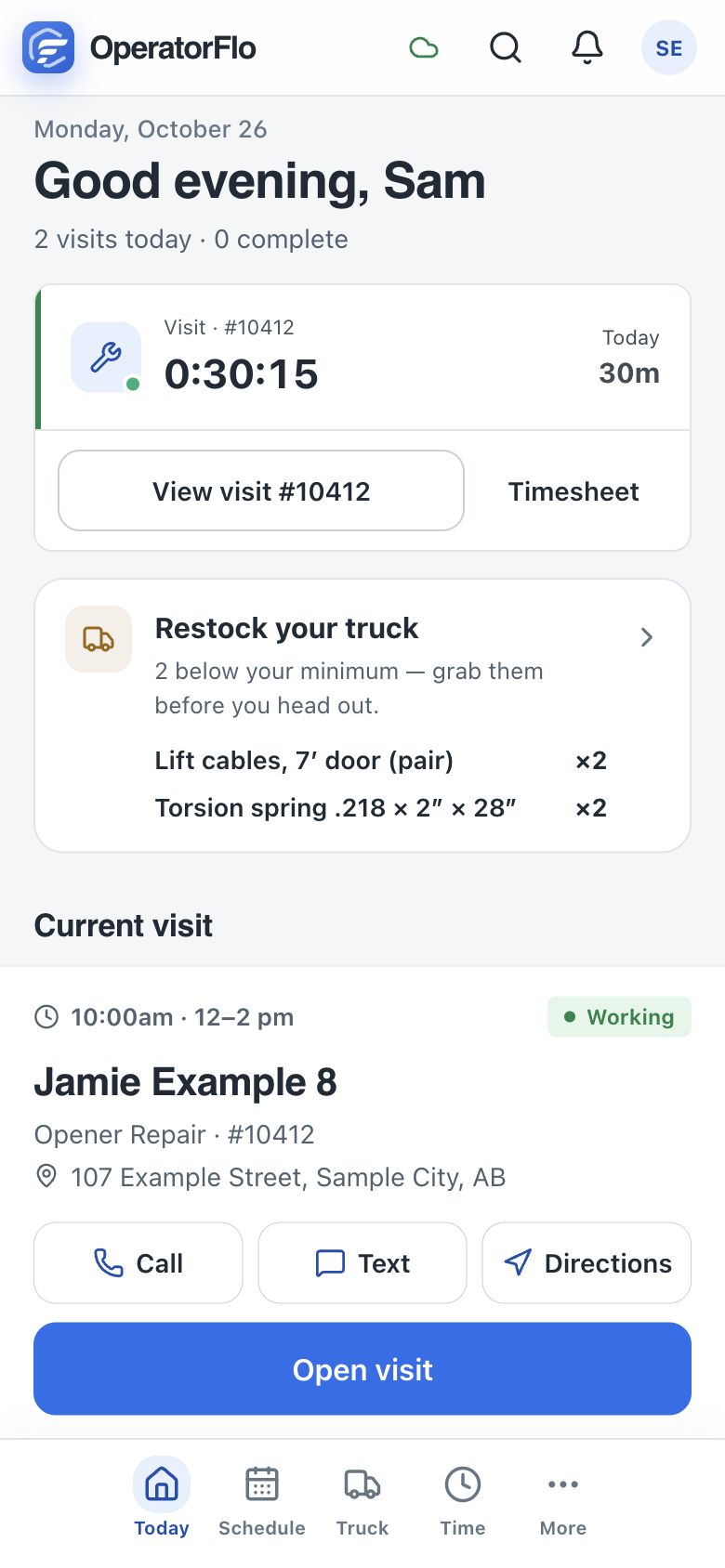 OperatorFlo technician mobile view with job timer, truck restock needs and current visit